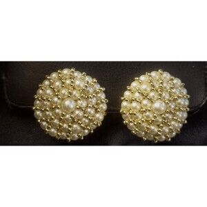 Vintage Dome Shape Faux Pearl And Gold Beaded Cluster Earrings Clip 1.5" Wide